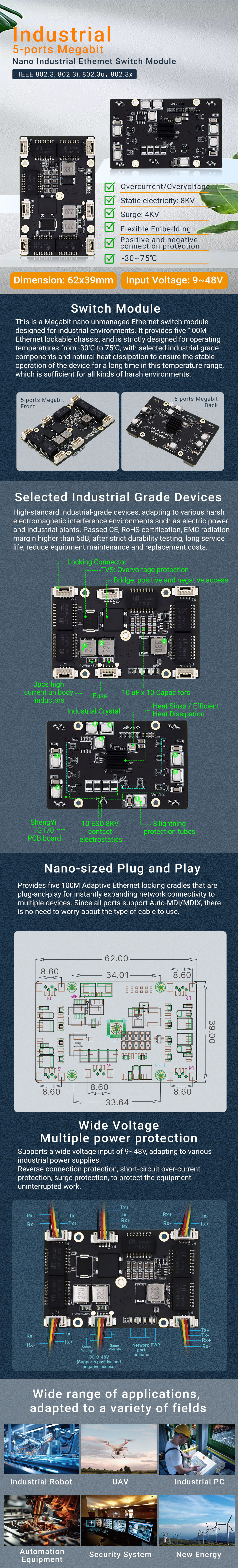  YN-IES10501 5-ports Megabit Nano Industrial Ethernet Switch Module